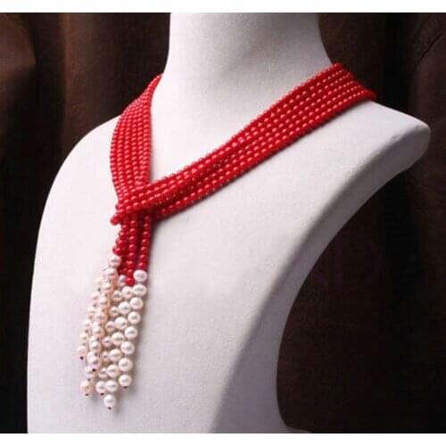 Beautiful 3 row red coral white pearl necklace 35 Inch