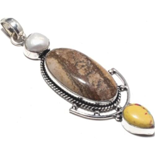 Picture Jaspers + Mosaic Jaspers Pendant Silver Overlay over Copper , 83 mm , P7461