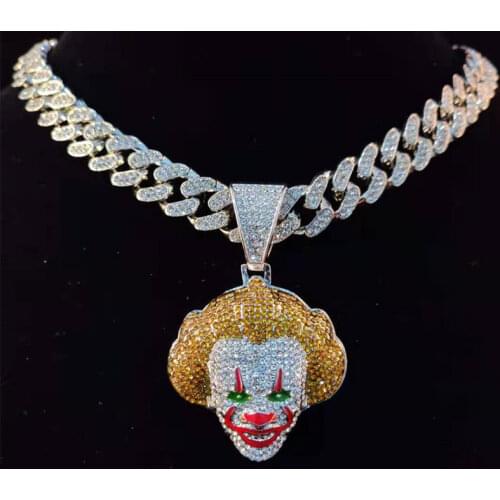 Hip Hop Cubic Zircon Clown Pendant With Big Iced Out Full Rhinestone Cuban Chain Choker Necklace Fashion Party Jewelry