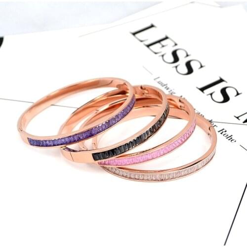 YUN RUO Fashion Colorful Snowflakes Zircon Open Bangle Rose Gold Color Titanium Steel Jewelry Woman Never Fade Drop Shipping