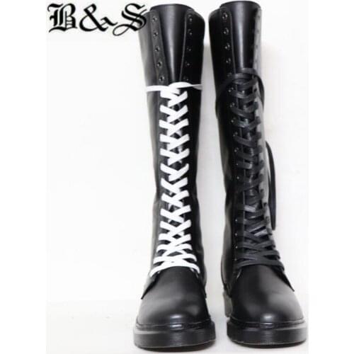 Black& Street 35cm tall Full Cowhide genuine Leather Lace Up motorcycles Men Boots Knight riding boots