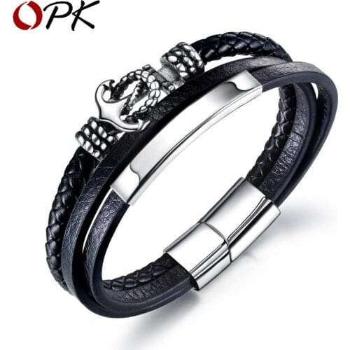 European And American Fashion Stainless Steel Anchor Bracelet Mens Black Leather Multi-layer Woven Vintage Brace