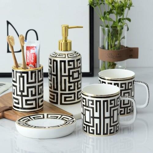 Bathroom Accessories Set Ceramic Soap Dispenser Toothbrush Holder Gargle Cups Soap Dish 5 Pieces Set 304 SUS Head Wedding Gift