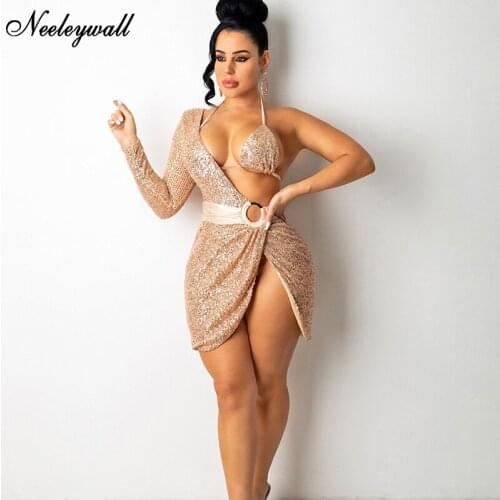 Neeleywall Glitter Sequins Ruched Irregular Short Party Dress Womens One Shoulder Blazer Wrap Dress Club Wear Chirstmas Outfits
