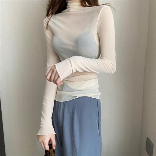 2021 Spring Autumn New Perspective Small High Collar Mesh Versatile Wooden Ear Edge Bottoming Womens Long Sleeve Shirt Top