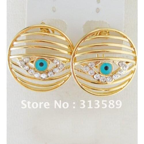 NEW YELLOW GOLD GP OVERLAY FILLED BRASS EVIL EYE 0.87" STUD EARRING WITH CLIP CZ/GREAT GIFT