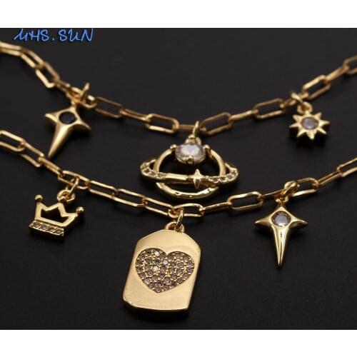 MHS.SUN Charming Zircon Heart/Planet/Star Pendant Necklace Gold Color Link Chain Necklace Jewelry Choker For Women Xmas Gift 1PC