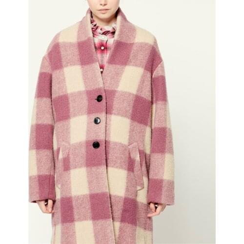 2021 Autumn Winter Women Plaid Woolen Coat Sweet Pink Coat Long Sleeve Warm Jacket Outwears Tops with Pockets and Buttons