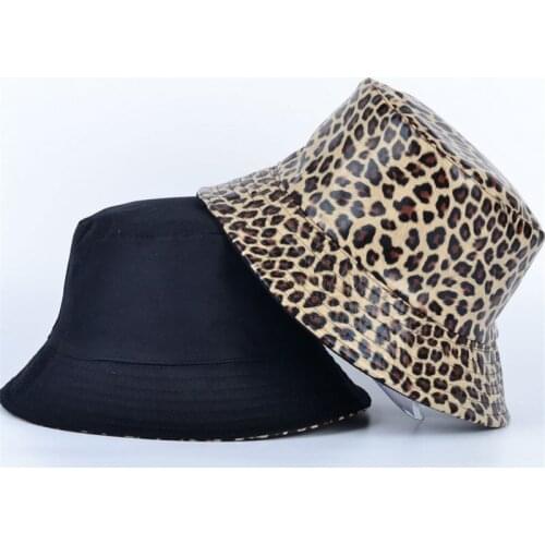 Pu Leopard Print Two Sides Bucket Hat Fisherman Hat Outdoor Travel Hat Sun Cap Hats for Men and Women 112