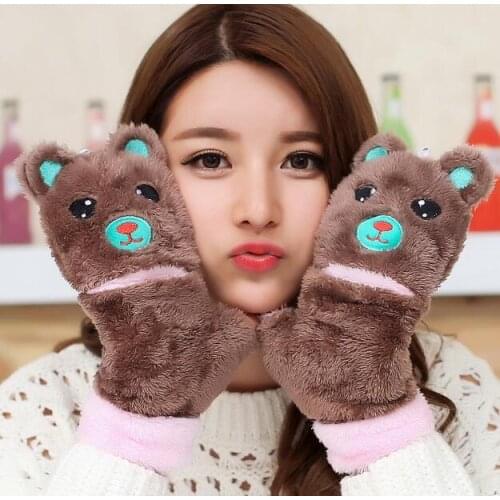 2018 new flip cub gloves super cute lady warm half finger plush cartoon adult gloves
