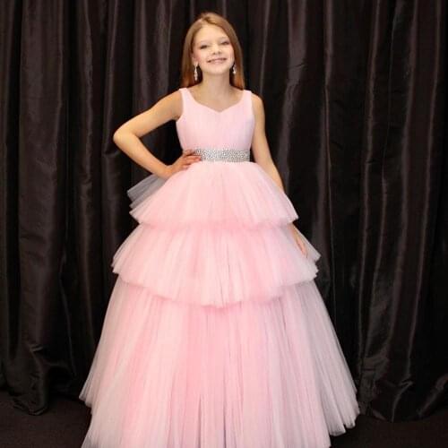 Ruffle Girl Pageant Dress 2021 Ballgown Sleeveless Long Pageant Gown for Little Girl Infant Toddler Teen Beading Waist Blue Pink