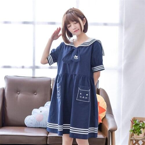 Jk Style Navy Bow Tie Sweet Dress Mori Girls Summer Japan New Cute Long Sleeve Sailor Collar Cat Embroidery White Dress Vestidos