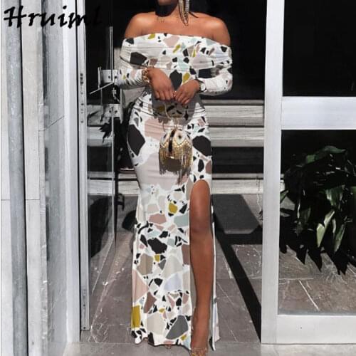 Summer Dress for Women on Sale Long Sleeve Off The Shoulder Printed Robe Womens Elegant Party Clubwear Hem Split Long Dresses