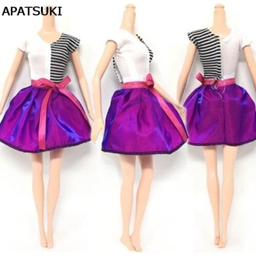 Causal Wear Patchwork Clothes For Barbie Dolls Zebra Strip Bowknot Short Dress Doll Clothing For Barbie Dollhouse For 1:6 BJD