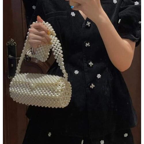 Handmade Woven Pearl Bags Women Handbags Ladies Wedding Party Cluth Shoulder Bag Elegant Bead Crossbody Bags MIni Phone Purse