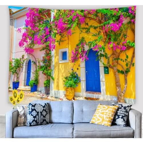Traditional Greek House With Flowers Tapestry European Street View Wall Hanging Bedroom Dorm Decor Wall Tapestries Art Adornment