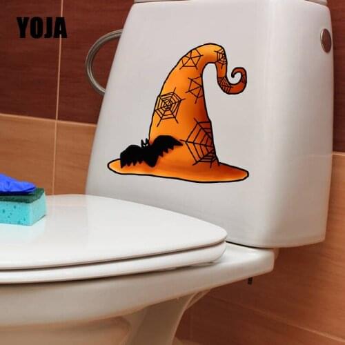 YOJA 22.8X22.8CM Wall Sticker Home Decor Toilet Decal Halloween Orange Pointed Hat Wizard Hat Spider T5-1232