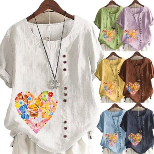 Womens New Fashion O-neck Heart Printed Short Sleeve Tops Loose Linen T-Shirt Casual Blouse S-5XL