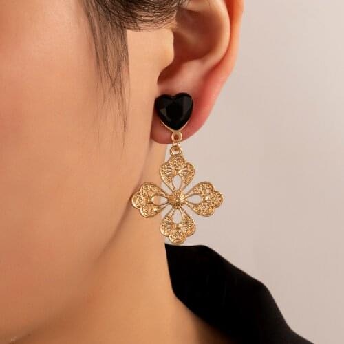 Tocona Vintage Gold Carved Flower Earrings for Women Eleance Black Heart Hanging Female Earrings Geometric Party Jewelry 9407