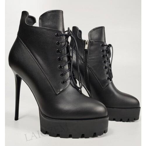 SEIIHEM Women Ankle Platform Boots Real Leather Slim High Heels Short Booties Dress Office Ladies Shoes Woman Size 33 36 39 42