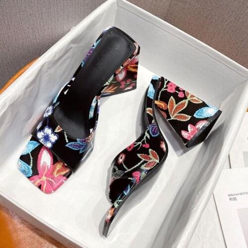 Womens Embroidery Sandal Slippers Fashion Square Toe Thick-Soled High Heeled Slippers Slip On Mules Slides Ladie Party Shoe
