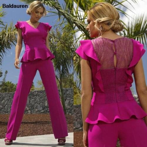 Fuchsia Jumpsuit 2021 Mother Of the Bride Pant Suits For Wedding Guest Plus Size Evening Dress V Neck Women Gown Outfit Garment