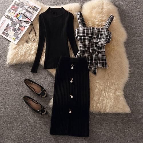Women 2021 Autumn Winter 3 Piece Suit Female Plaid Vest + Knitted Sweater + Pencil Skirts 3pcs Sets Ladies Casual Outfits Y294