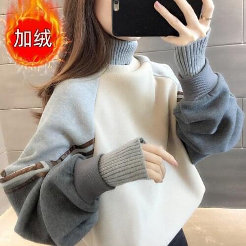 Womens 2020 new autumn loose high collar plus velvet padded sweater coat ins autumn and winter Joker