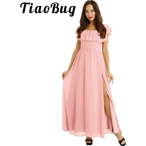 Women Ladies Elegant Off the Shoulder Ruffled Waist Side Split Bridesmaid Dresses Chiffon Prom Formal Party Gowns Princess Dress