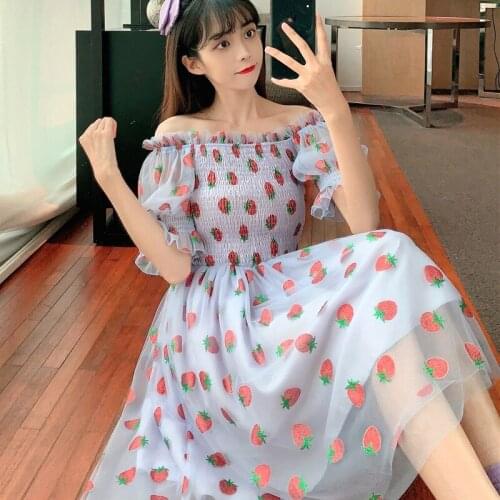 Strawberry Dresses Women French Style Lace Chiffon Sweet Dress Women 2021 New Dress Casual Puff Sleeve Elegant Printed Kawaii