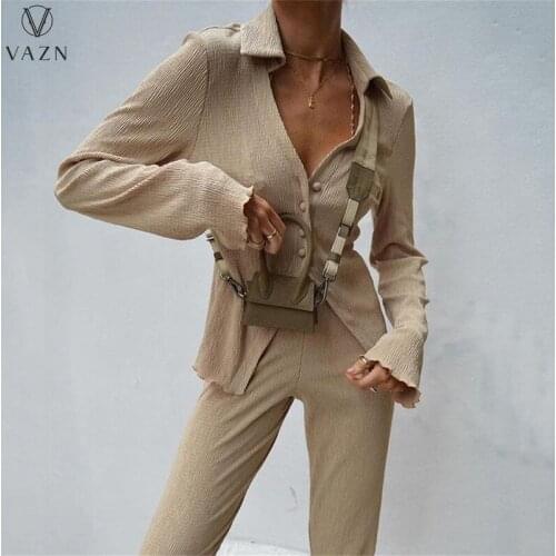 VAZN 2021 Autumn High-end Sexy Overalls Full Sleeve Cloth Sweet Solid Young Long Boot Cut Pants Slim Women 2 Piece Set