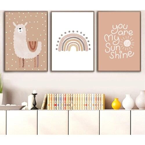 Abstract Rainbow Print You Are My Sunshine Quotes Wall Painting Alpaca Canvas Poster Nordic Wall Art Pictures Baby Room Decor