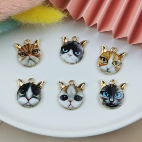 ApeUr 10pcs/pack Lovely Cats Head Enamel Charms DIY Earring Bracelets Animals Pendant Jewelry Making Golden Base 20*18mm