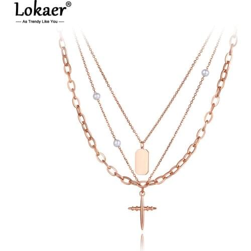 Lokaer Titanium Stainless Steel Cross Pearl Charm Necklaces Fashion Bohemia Three Layers Link Chain Necklace For Women N20286