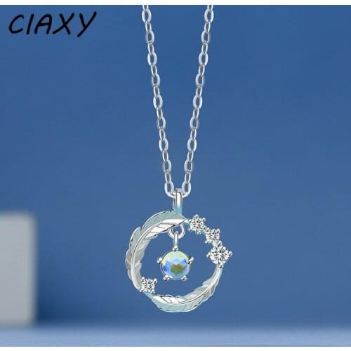 CIAXY 925 Sterling Silver Inlaid Zircon Feather Necklace Pendant for Women Geometric Round Design Choker 2021 Luxury Jewelry