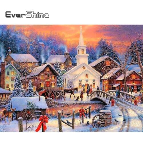 EverShine 5D DIY Diamond Painting Winter Church Picture Of Rhinestones Diamond Embroidery Landscape Mosaic Cross Stitch Kits