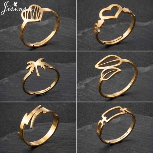 Jisensp Bohemian Style Stainless Steel Hollow Leaf Shape Finger Rings Geometric Adjustable Open Ring for Women Punk Jewelry