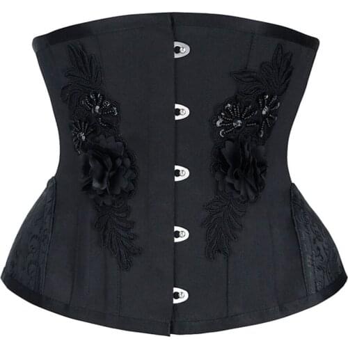 Womens Retro Embroidery Bead Flower Busk Closure Waist Shaping Underbust Corset Steel Boned Heavy Waist Training Corsets Bustier
