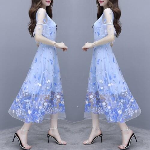 Summer Embroidery Flowers Gauze Short Trumpet Sleeve Tea-Length A-Line Chiffon Simple Plus Size Blue Cocktail Dresses 9761