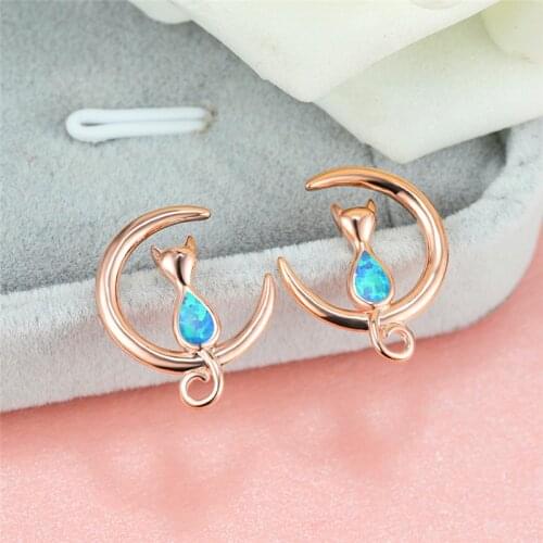 Cute Female Blue White Opal Earrings Rose Gold Silver Color Stud Earrings Dainty Moon Cat Small Wedding Earrings For Women