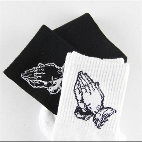 Fashion skate cotton crew socks of Virgin Mary gesture pattern for men women hip hop funny novelty white black Funky