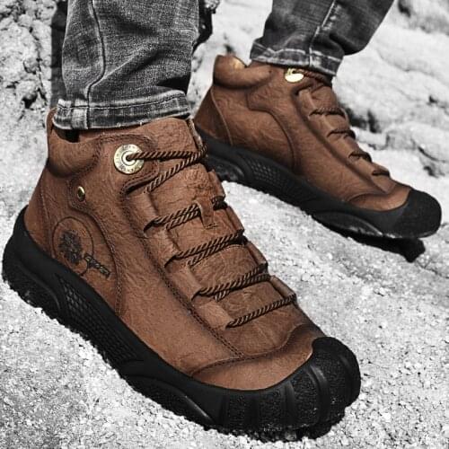 Men shoes hiking casual sneakers waterproof Non-slip high-top outdoor sports alpinism shoes leather plus velvet warm cotton Boot