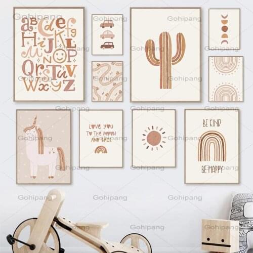 Wall Art Poster Canvas Painting Cartoon Animal Cactus Sun Moon Rainbow Car Letters Abstract Landscape Artwork Decoration