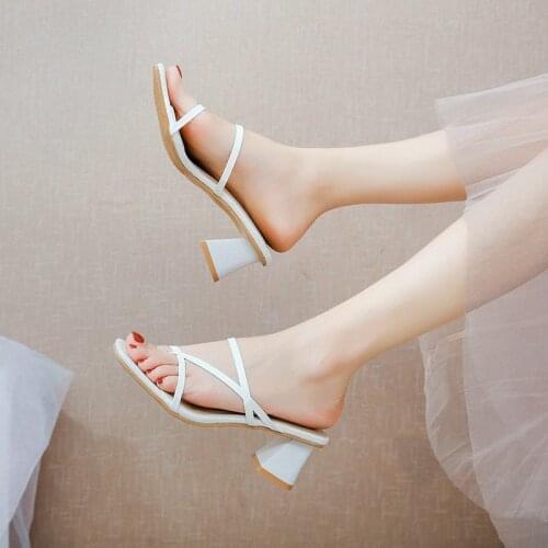 2020 summer new Muller shoes all-match simple small square head thick heel sandals one word thin belt high heel flip-flops X287