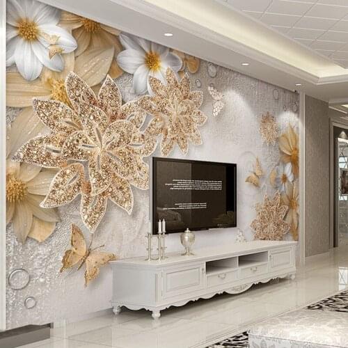Custom Wallpaper Mural Wall Cloth 3D Luxury Gold Jewelry Flower Butterfly 3D Fresco Living Room TV Background Decor Wallpaper 3D