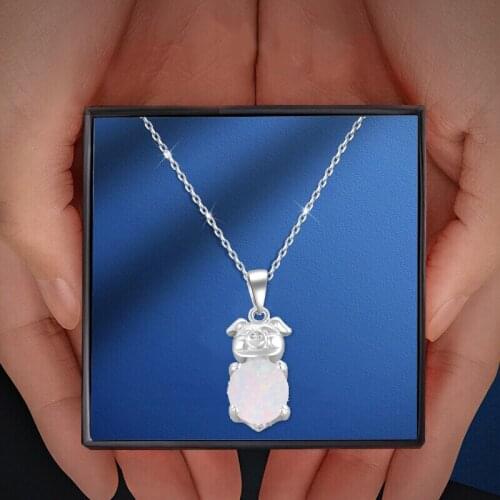 ROLILASON Delicate Lucky Pig Design White Fire Opal Silver Stamped Gift for Girlfriend Fashion Jewelry Necklace Pendant OPS616
