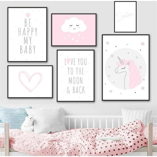 Pink Heart Cloud Canvas Print Dream Quotes Poster Unicorn Wall Art Painting Nursery Prints Nordic Wall Pictures Girls Room Decor