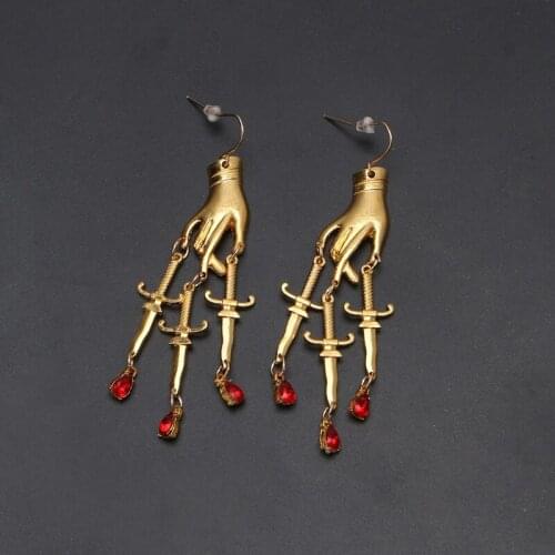 Golden Hand Dagger Drop Earrings Gothic Witchy Hand Red Crystal Dangle Earrings Q0KE