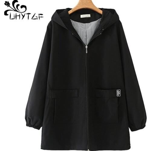 UHYTGF Oversized Womens Windbreaker Fashion Hooded Pocket Casual Autumn Trench Coat Female Loose 5XL Plus Size Tops Outwear 1524