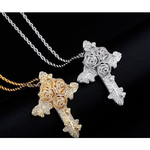 Hip Hop Micro Paved AAA Cubic Zirconia Bling Iced Out Flowers Cross Pendants Necklaces for Men Rapper Jewelry Drop Shipping